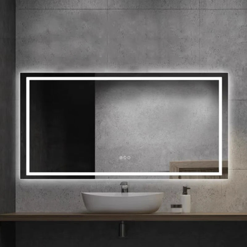 مرآة حائط ذكية مستطيلة بإضاءة خلفية للحمام، مع خاصية تغيير الألوان بتقنية RGB LED وبلوتوث للموسيقى بدون إطار