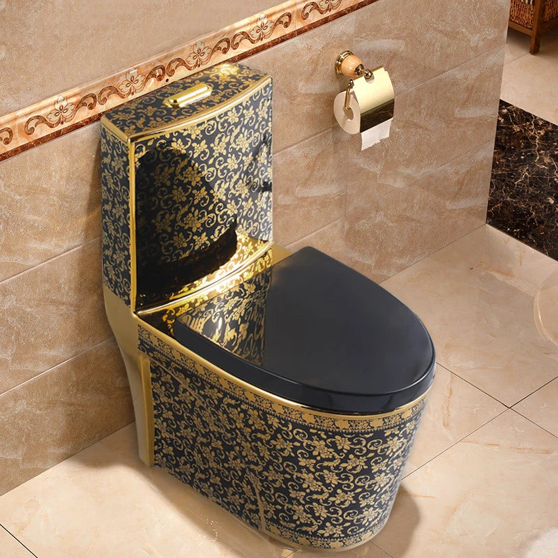 Luxury Modern One Piece Dual-Flush S-Trap Floor Mounted Black Gold Toilet Bowl with Ceramic Material
