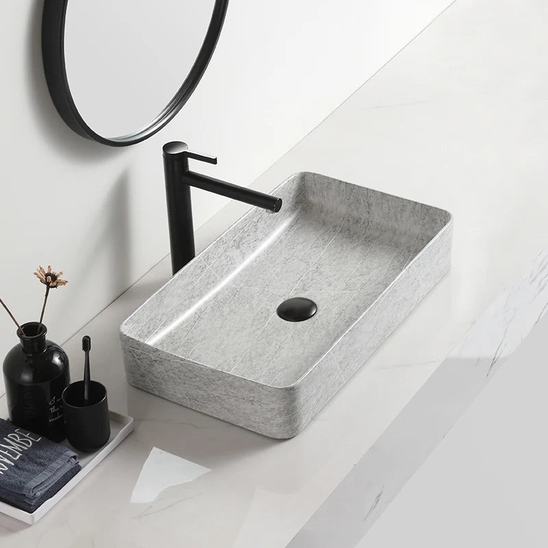 High Quality Bathroom Grey Rectangular Marbled Easy Clean Modern Ceramic Top Mounted Counter Top Sink Wash Basin