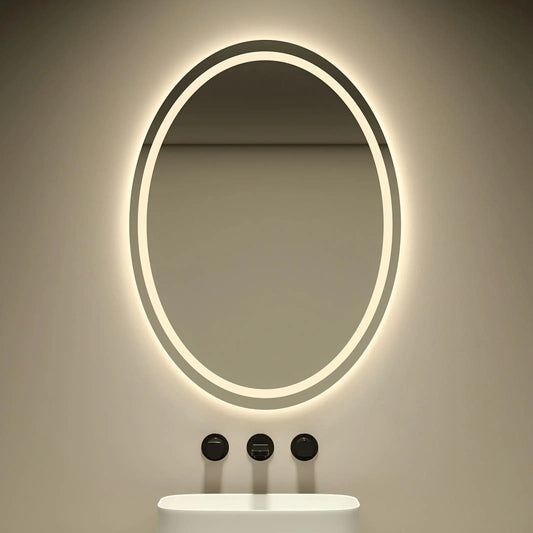 مرآة حائط ذكية عصرية بيضاوية الشكل مزودة بإضاءة LED وعدسات فضية 3000-6000 كلفن وإضاءة قابلة للتخصيص بضمان لمدة عامين