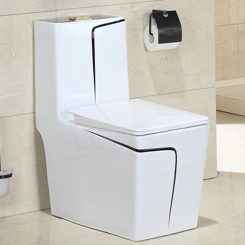 Modern Dual-Flush Square S-Trap Ceramic One Piece Toilet with Siphon Jet Flushing White Gold Color
