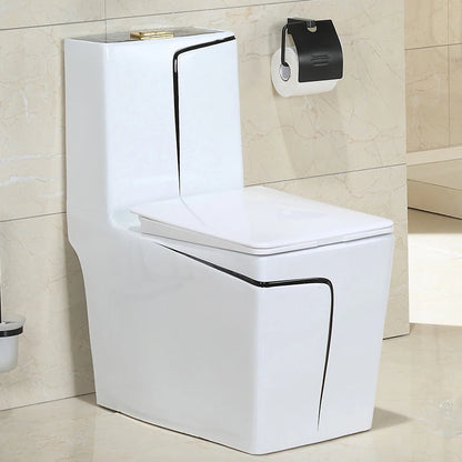 Modern Dual-Flush Square S-Trap Ceramic One Piece Toilet with Siphon Jet Flushing White Gold Color