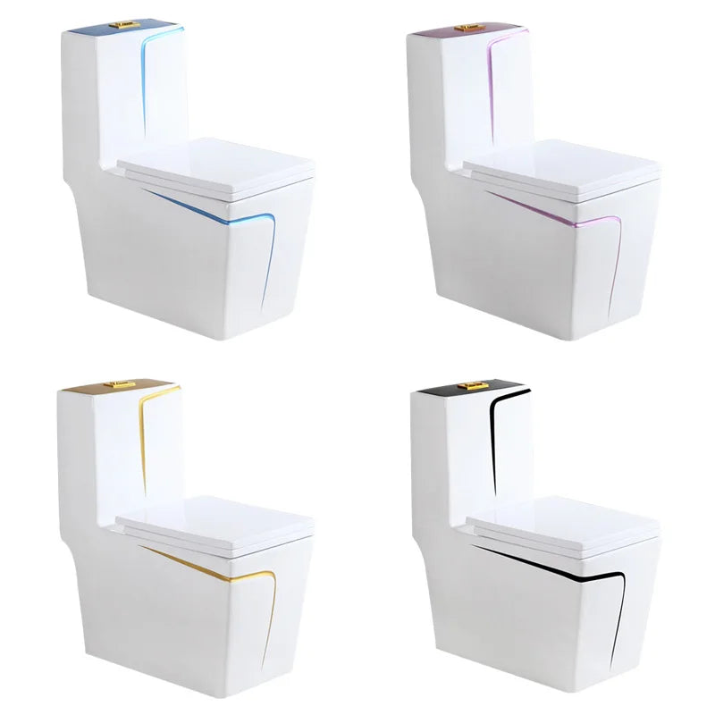 Modern Dual-Flush Square S-Trap Ceramic One Piece Toilet with Siphon Jet Flushing White Gold Color