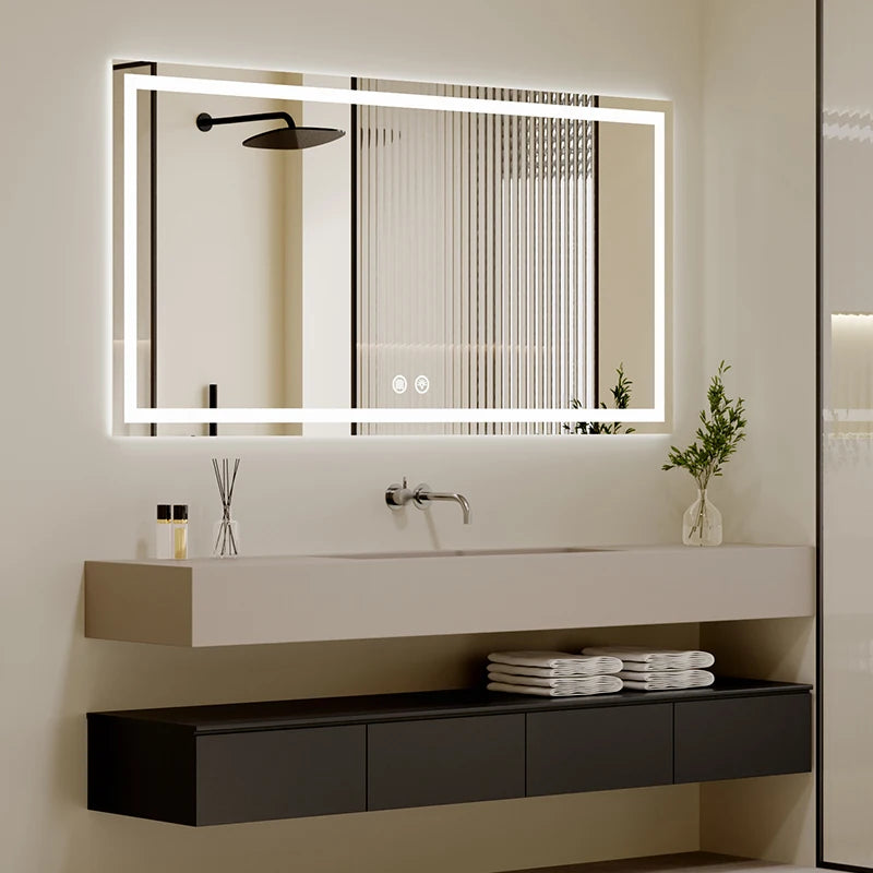 مرآة حائط مستطيلة كبيرة ذكية مزودة بإضاءة LED للحمام، مزودة بشاشة لمس حديثة وتصميم جرافيك، لديكور المنزل والشقق