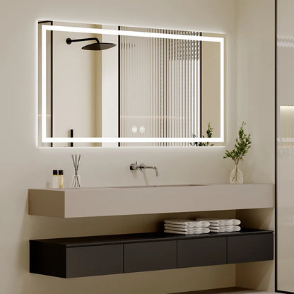 مرآة حائط مستطيلة كبيرة ذكية مزودة بإضاءة LED للحمام، مزودة بشاشة لمس حديثة وتصميم جرافيك، لديكور المنزل والشقق