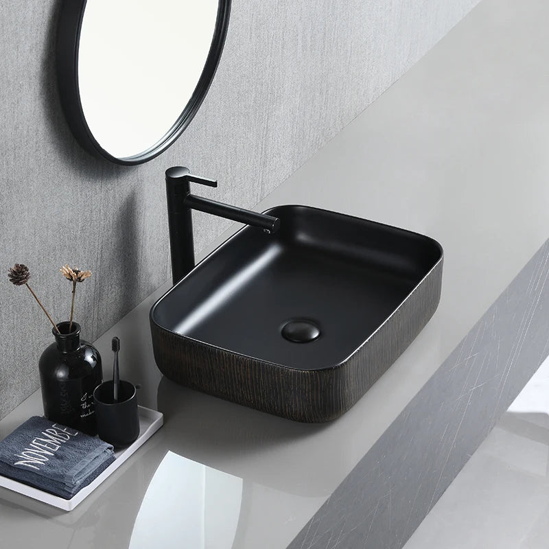 Decor Ceramic Matte Black Color Counter Top Sink Bathroom Art Rectangular Cabinet Basin