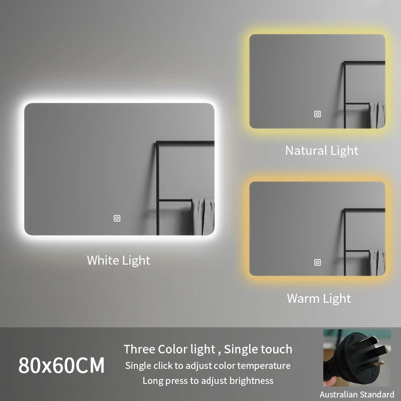 80*60 Rectangle Led Spiegel Illuminated Frameless Smart Adjustable Color Temperature Moisture Proof Bathroom Hotel Use Mirror
