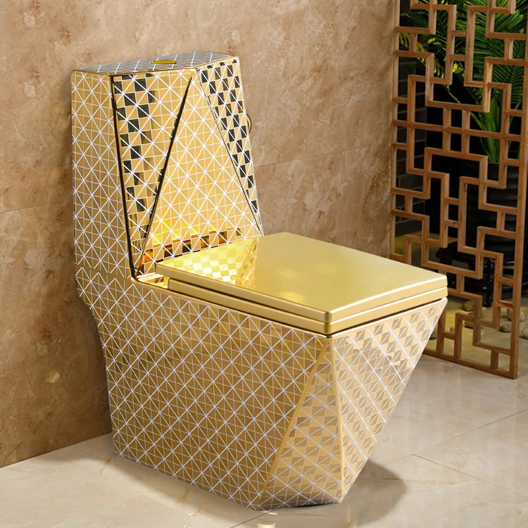 Luxury Square Dual-Flush One Piece Ceramic Toilet with Gold Finish Floor Mounted 5 Year Warranty