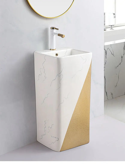 Modern Rectangular Gold Marble Pedestal Wash Basin One Piece Free Standing Ceramic White Bathroom Sink Drainer Single Hole MUBI