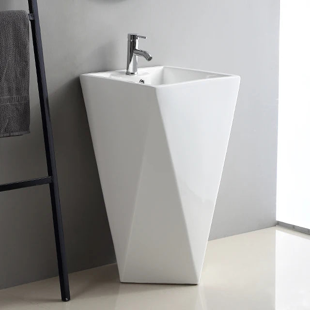 Diamond Floor Mounted Freestanding Bathroom Sink White Artistic Ceramic Pedestal Hand Wash Basin