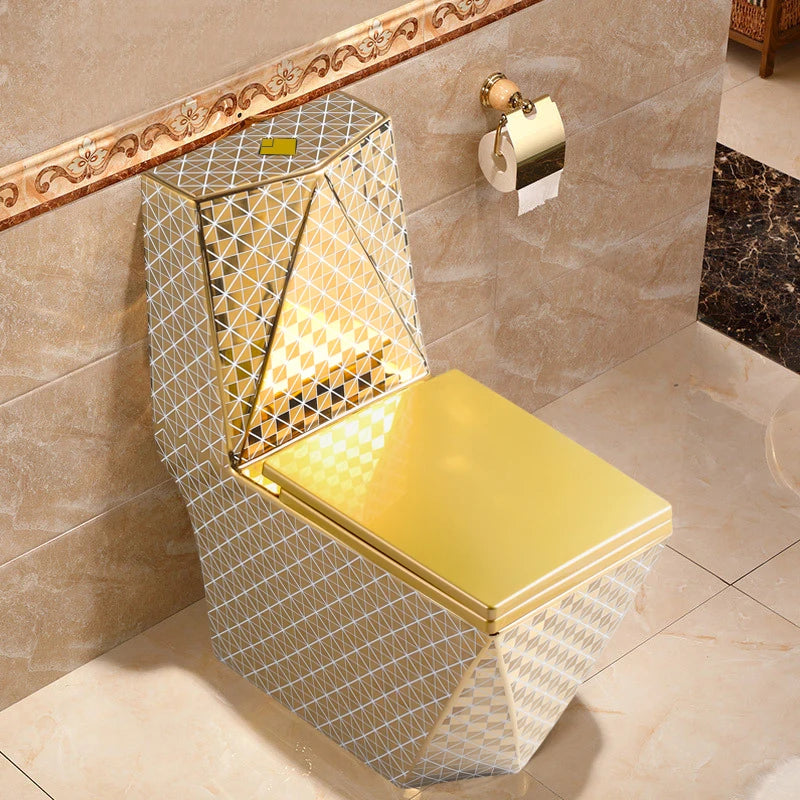 Luxury Square Dual-Flush One Piece Ceramic Toilet with Gold Finish Floor Mounted 5 Year Warranty