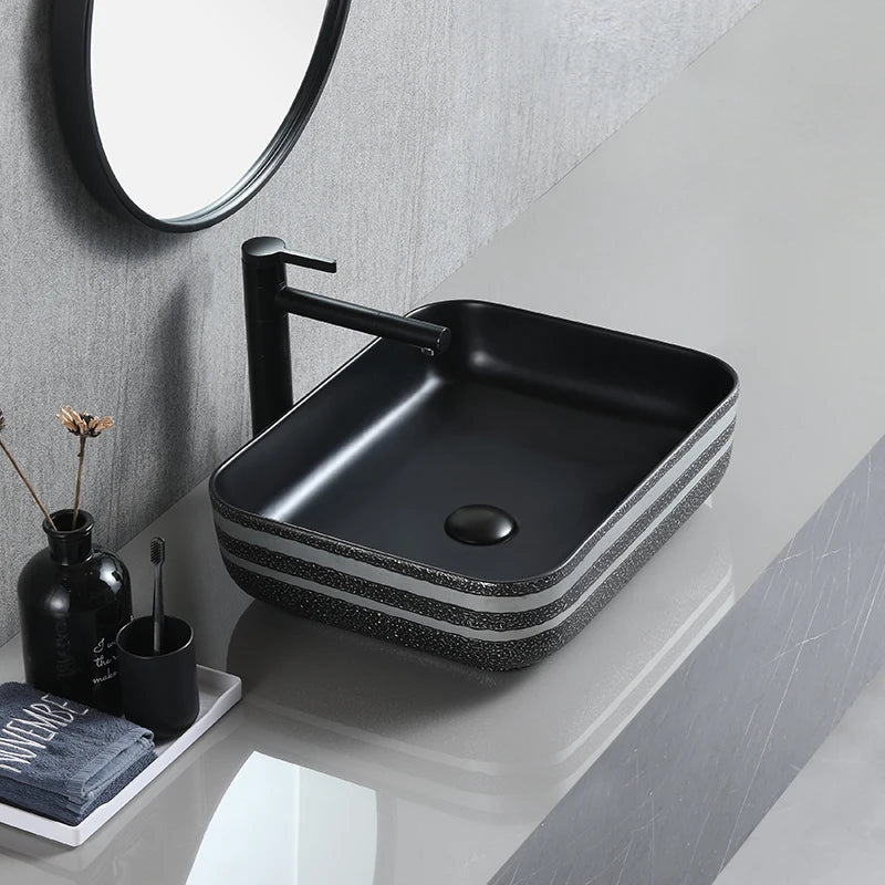 Decor Ceramic Matte Black Color Counter Top Sink Bathroom Art Rectangular Cabinet Basin