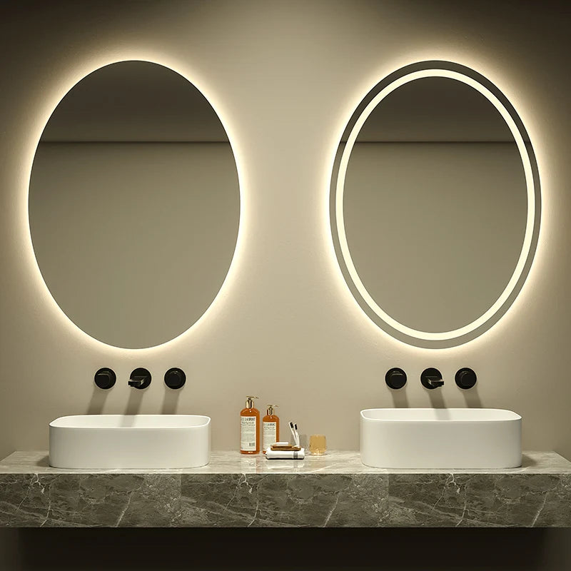 Oval Shaped Modern Intelligent Wall Mounted LED Smart Mirror Silver Lenses 3000-6000K Light Customizable 2-Year Warranty