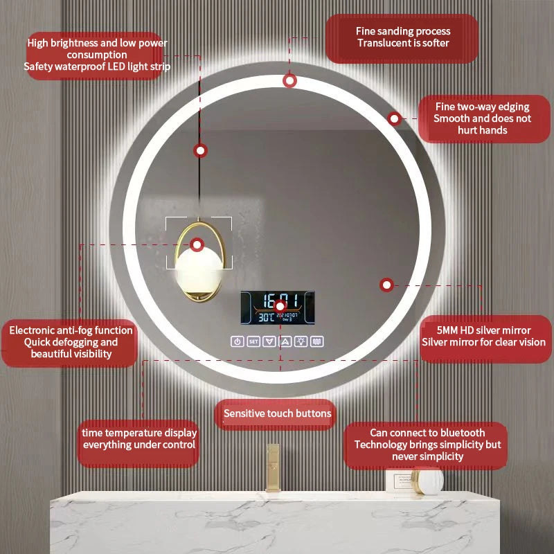 Modern Illuminated Led Smart Mirror Adjustable Light Touchable Screen Wall-Mounted Design for Hotel Bathroom Use 2-Year Warranty