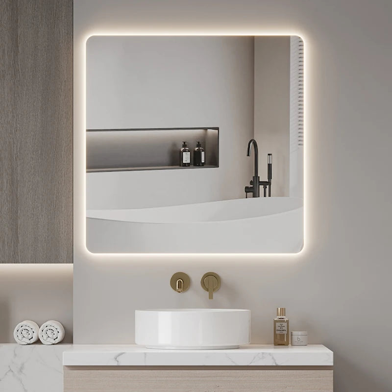 Factory Wholesale Modern Square Wall Hung LED Smart Bathroom Mirror with Illuminated Light Hotel Use Graphic Design 60x60cm