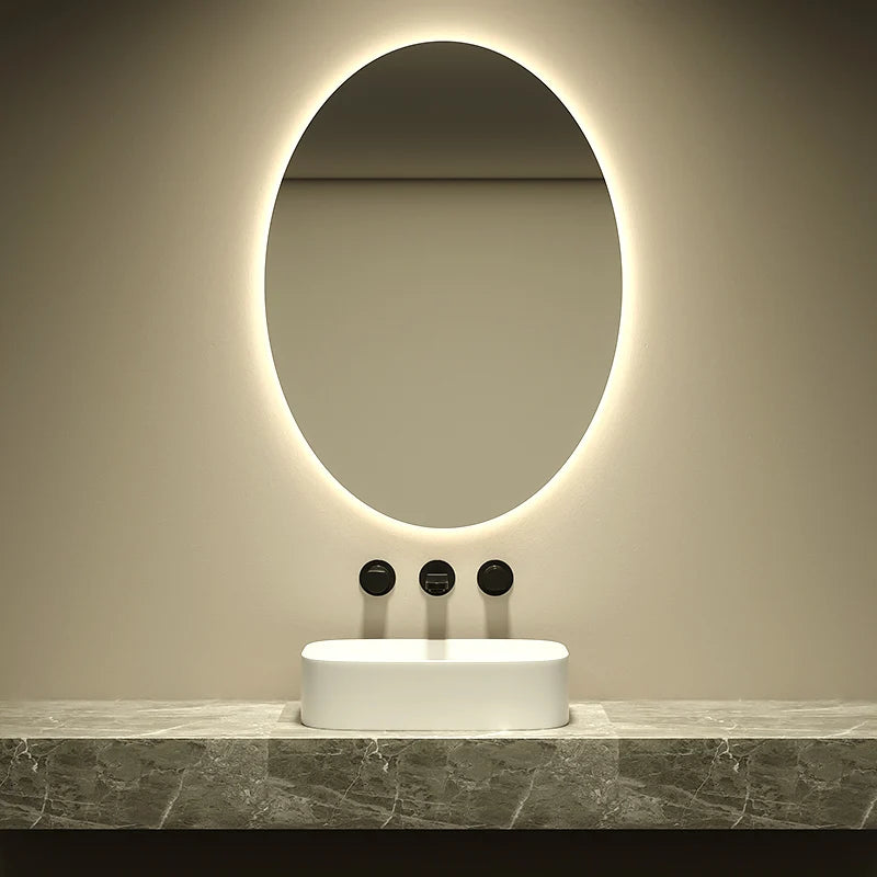 Oval Shaped Modern Intelligent Wall Mounted LED Smart Mirror Silver Lenses 3000-6000K Light Customizable 2-Year Warranty