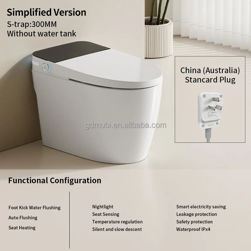 Simple Version Floor Mounted Smart Toilet with Bidet, S-Trap Drainage and Seat Heating