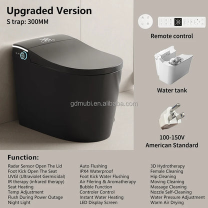 مرحاض ذكي صلب أسود، مرحاض كهربائي أوتوماتيكي مطول، مراحيض حمام ذكية من السيراميك قطعة واحدة، بيديه مرحاض ذكي
