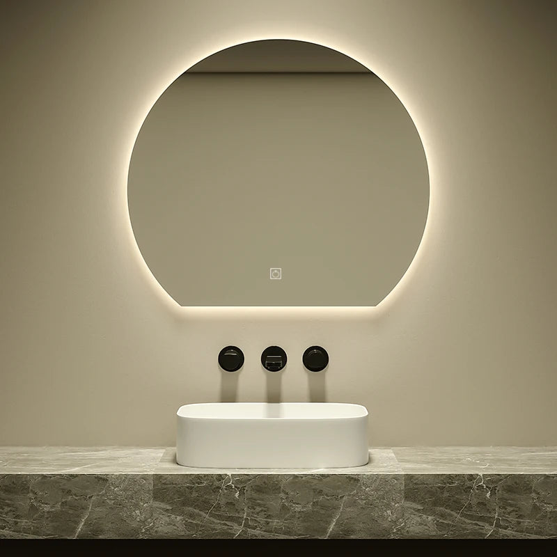 Contemporary Backlit Illuminated Half Circle Three Light Smart Touch Anti Fog Wall Mounted Led Bathroom Mirror