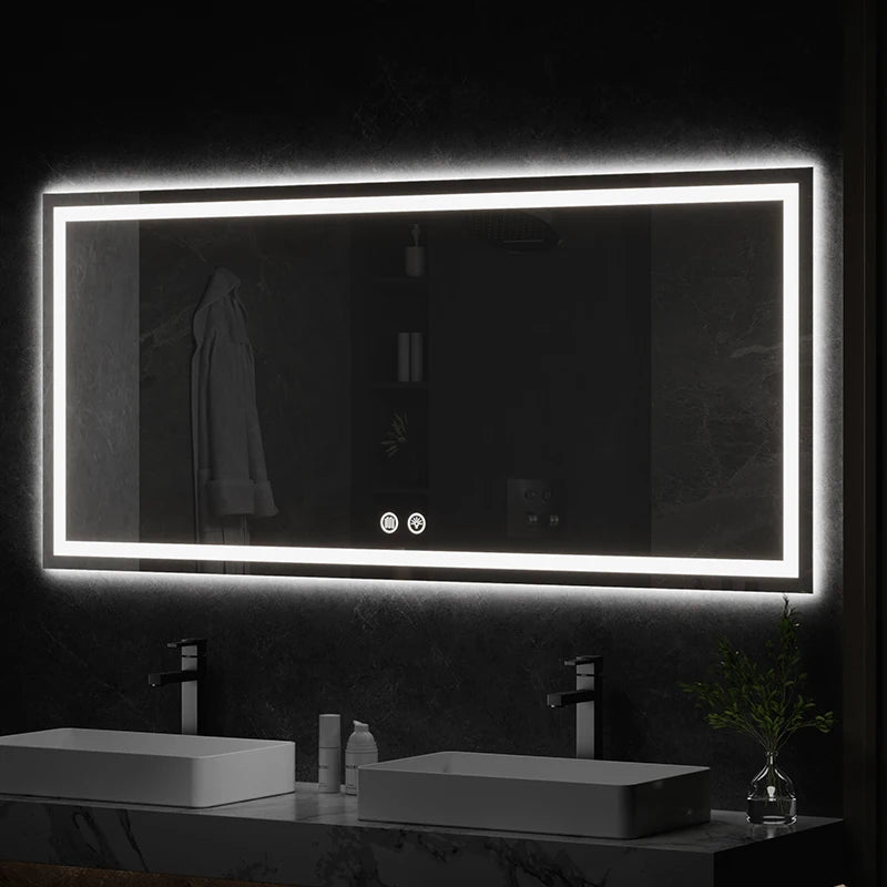 مرآة حائط مستطيلة كبيرة ذكية مزودة بإضاءة LED للحمام، مزودة بشاشة لمس حديثة وتصميم جرافيك، لديكور المنزل والشقق