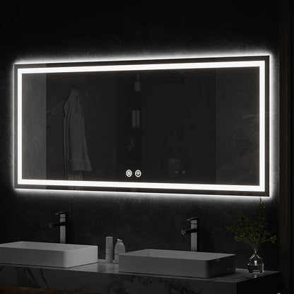 مرآة حائط مستطيلة كبيرة ذكية مزودة بإضاءة LED للحمام، مزودة بشاشة لمس حديثة وتصميم جرافيك، لديكور المنزل والشقق