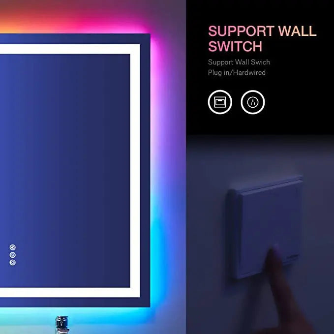 مرآة حائط ذكية مستطيلة بإضاءة خلفية للحمام، مع خاصية تغيير الألوان بتقنية RGB LED وبلوتوث للموسيقى بدون إطار