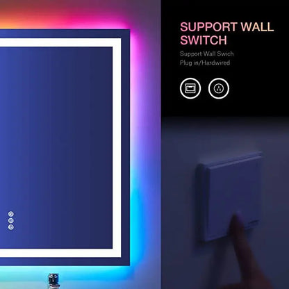 مرآة حائط ذكية مستطيلة بإضاءة خلفية للحمام، مع خاصية تغيير الألوان بتقنية RGB LED وبلوتوث للموسيقى بدون إطار