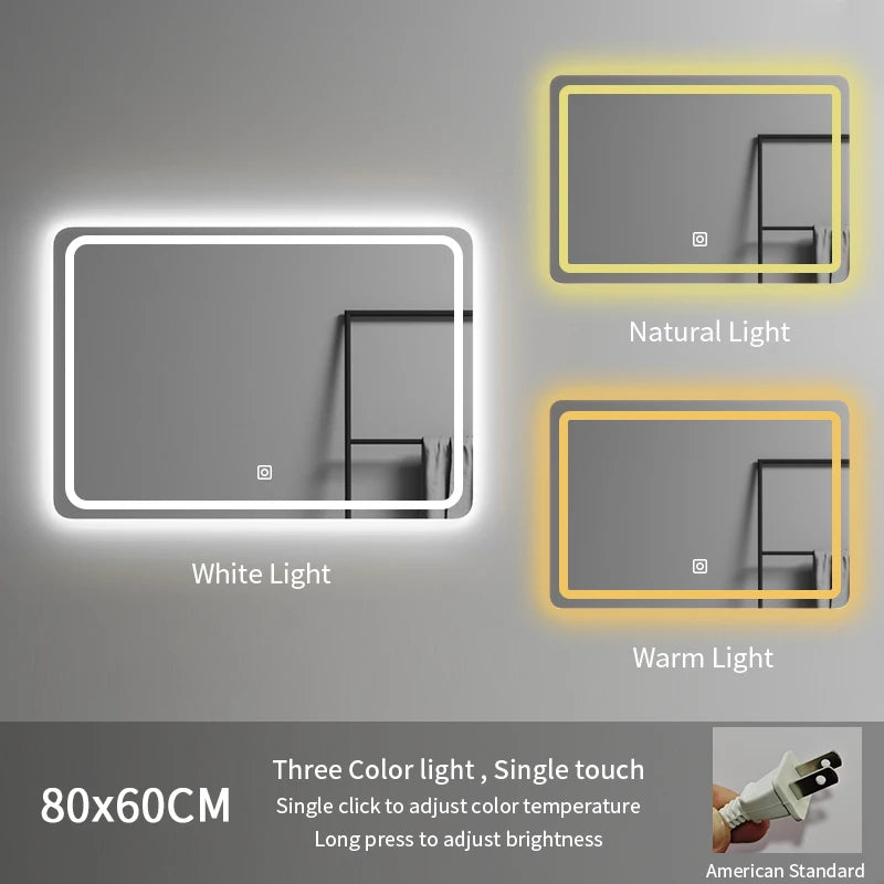 80*60 Rectangle Led Spiegel Illuminated Frameless Smart Adjustable Color Temperature Moisture Proof Bathroom Hotel Use Mirror