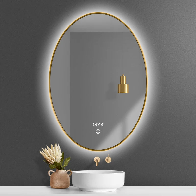 Modern Design Hotel Villa Apartment Bathroom Wall-Mounted Oval Illuminated Smart Backlit Moisture Proof Gold Frame Vanity Mirror