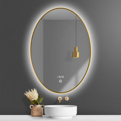 Modern Design Hotel Villa Apartment Bathroom Wall-Mounted Oval Illuminated Smart Backlit Moisture Proof Gold Frame Vanity Mirror