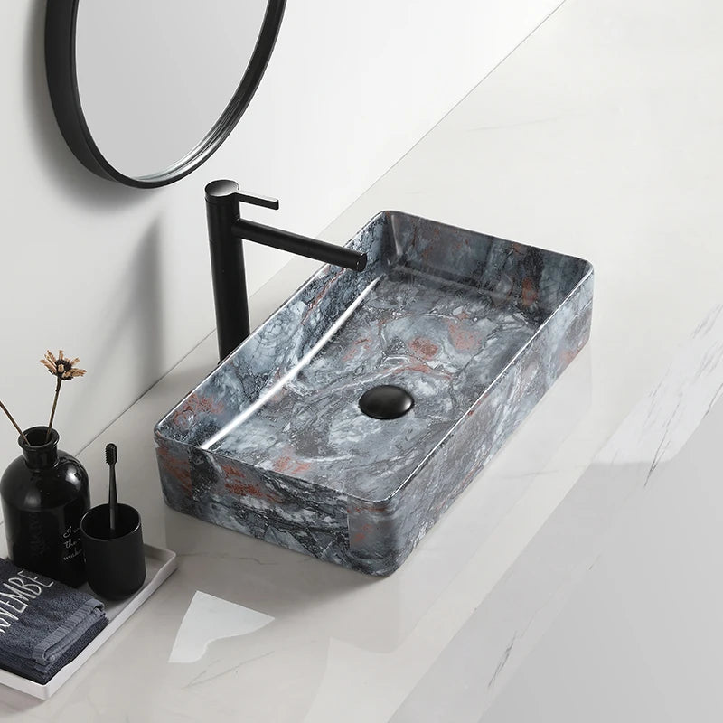 High Quality Bathroom Grey Rectangular Marbled Easy Clean Modern Ceramic Top Mounted Counter Top Sink Wash Basin
