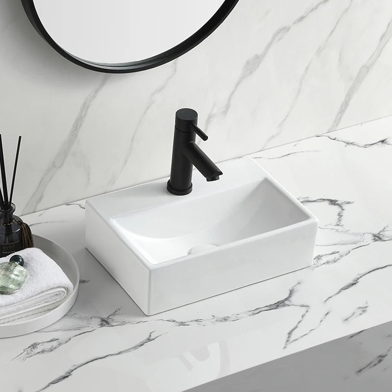 Hot Sale Modern Small Rectangular White Ceramic Wall Hung Hotel Bathroom Sink with Towel Shelf