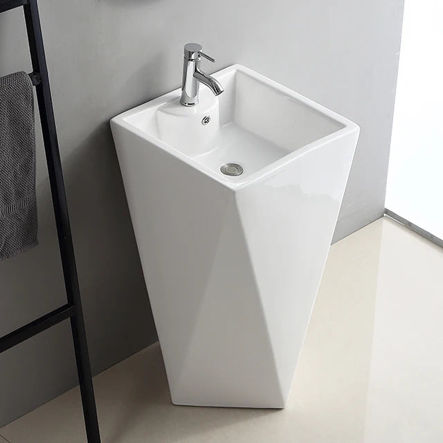 Diamond Floor Mounted Freestanding Bathroom Sink White Artistic Ceramic Pedestal Hand Wash Basin