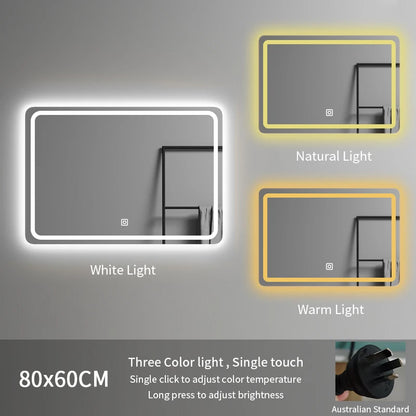 80*60 Rectangle Led Spiegel Illuminated Frameless Smart Adjustable Color Temperature Moisture Proof Bathroom Hotel Use Mirror