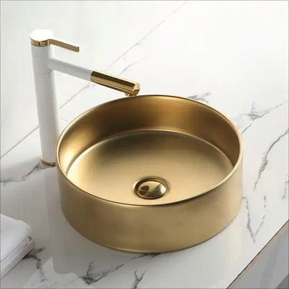 Artistic Golden Color Luxury Bathroom Wash Basin Hotel Lavatory Ceramic Round Small Countertop Sink