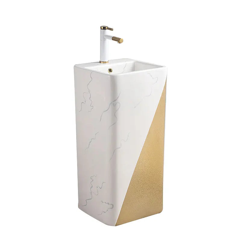 Modern Rectangular Gold Marble Pedestal Wash Basin One Piece Free Standing Ceramic White Bathroom Sink Drainer Single Hole MUBI