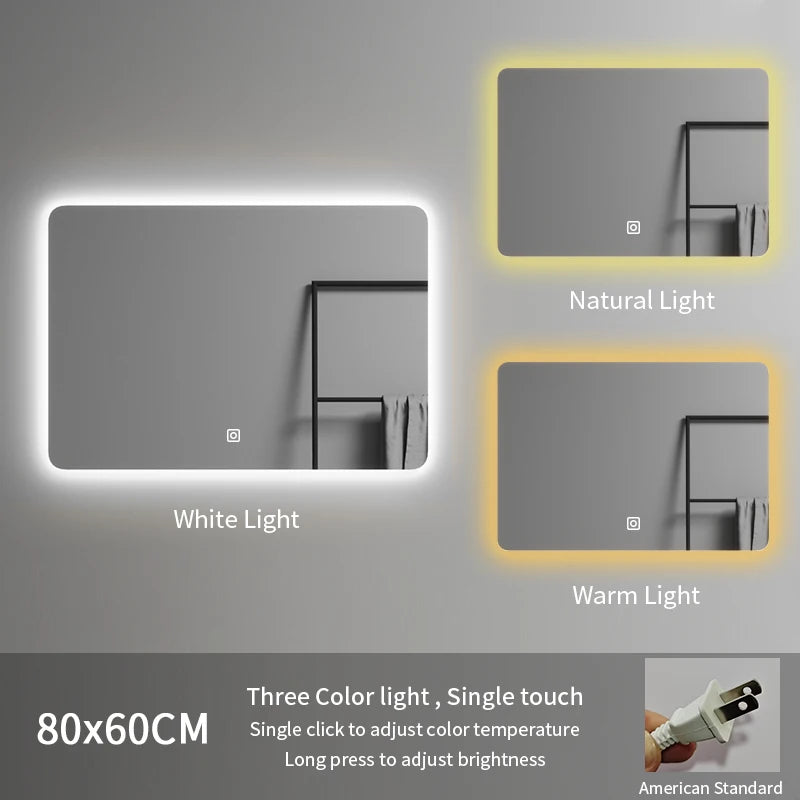 80*60 Rectangle Led Spiegel Illuminated Frameless Smart Adjustable Color Temperature Moisture Proof Bathroom Hotel Use Mirror