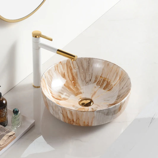 Unique Marble Solid Surface Round Modern Easy Clean Top Mounted Bathroom Countertop Basin Decorative Sink