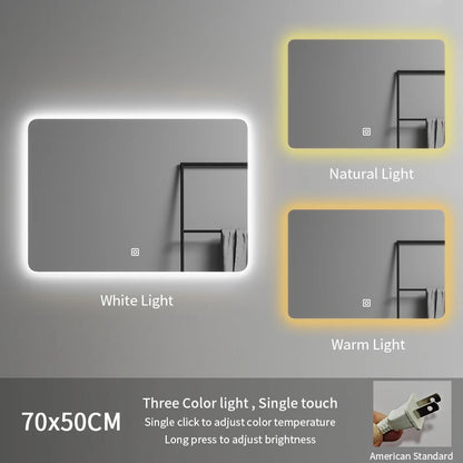 Modern Rectangle Frameless LED Bathroom Wall Mirror 70*50 Three-Color Illuminated for Hotel or Apartment