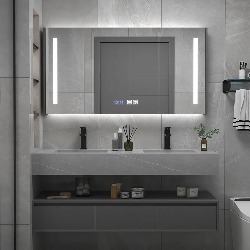 MUBI Modern Illuminated Storage Wall Smart Mirror Vanity Led Mirror Cabinet with Wood Carcase and Smart Motion Sensor
