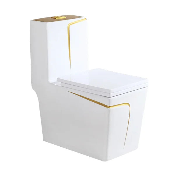 Modern Dual-Flush Square S-Trap Ceramic One Piece Toilet with Siphon Jet Flushing White Gold Color