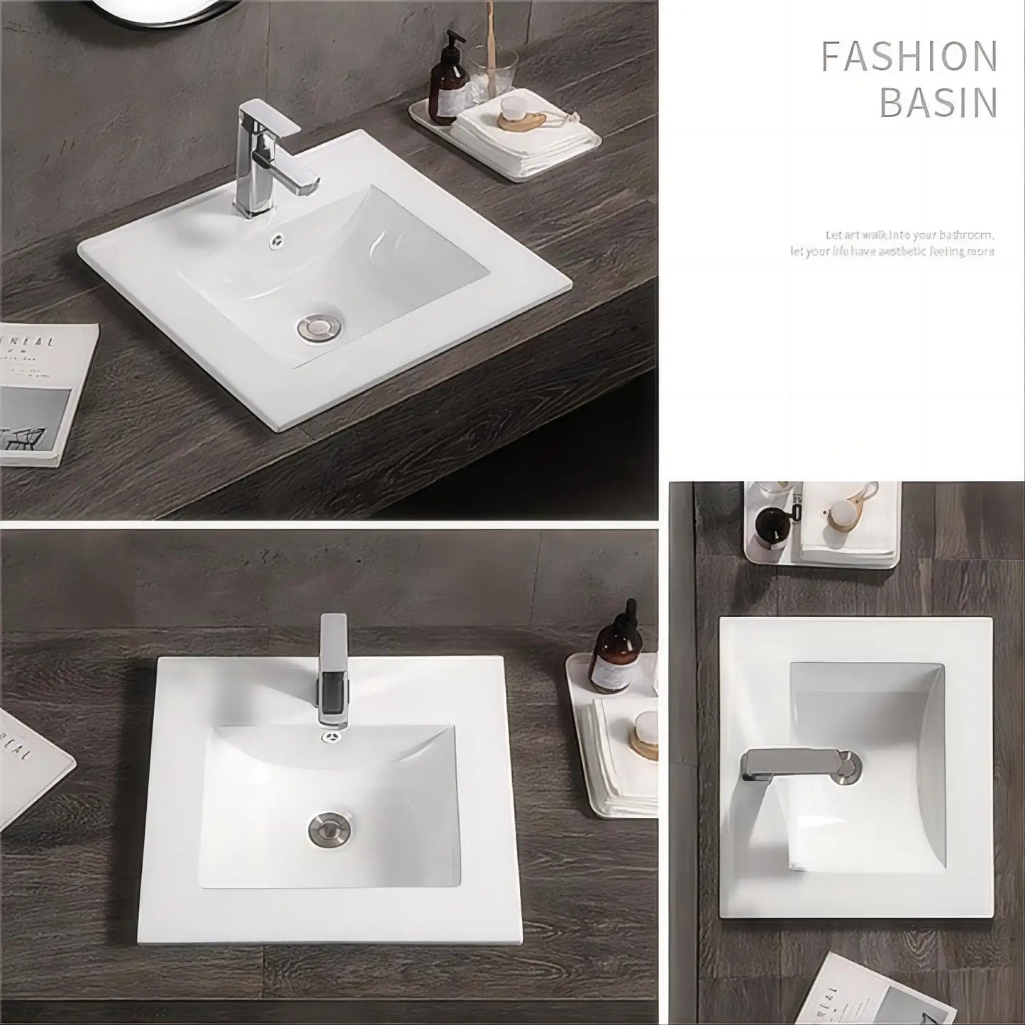 Modern Villa Hotel Apartment Slim Rectangle Ceramic White Single Hole Top Mount Bathroom Wash Basin