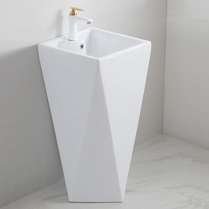 Diamond Floor Mounted Freestanding Bathroom Sink White Artistic Ceramic Pedestal Hand Wash Basin