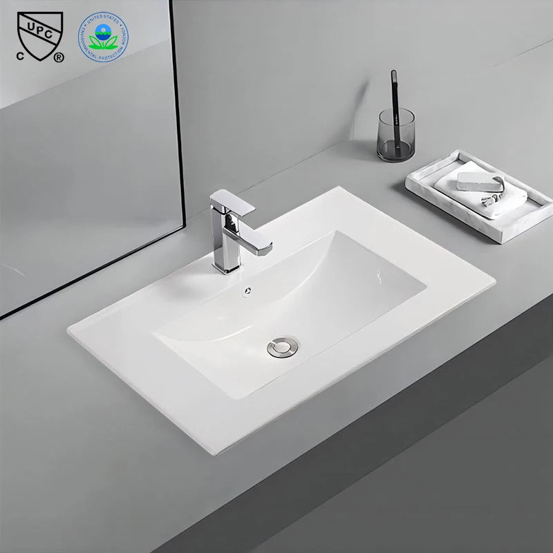 Modern 750mm White Ceramic Vanity Basin Thin Edge Rectangular Bathroom Sink for Hotels Washrooms Apartments with 3-Year Warranty