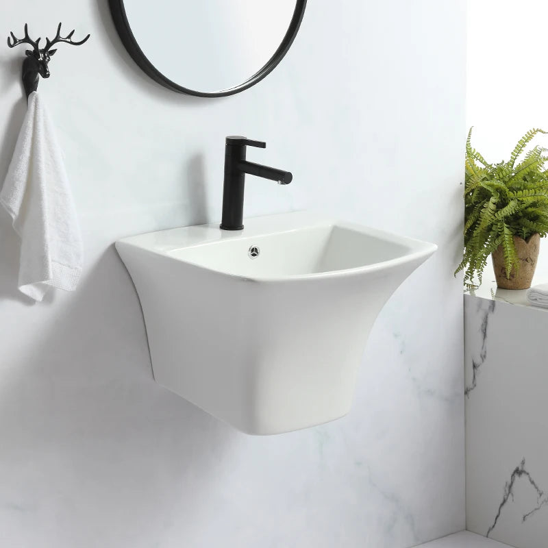 MUBI Modern Design One Piece White Bathroom Ceramic Easy Clean Wall Hung Half Pedestal Washing Basin with 2-Year Warranty