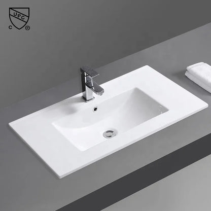 Modern Thin Edge White Ceramic Rectangular Bathroom Cabinet Vanity Sink with Hotel Application