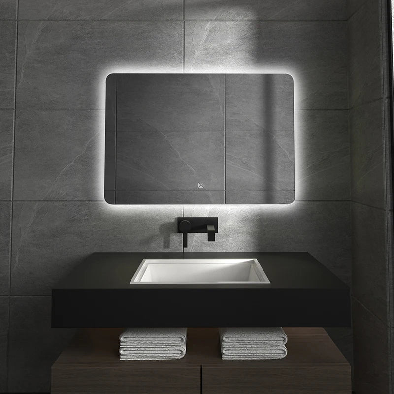 80*60 Rectangle Led Spiegel Illuminated Frameless Smart Adjustable Color Temperature Moisture Proof Bathroom Hotel Use Mirror