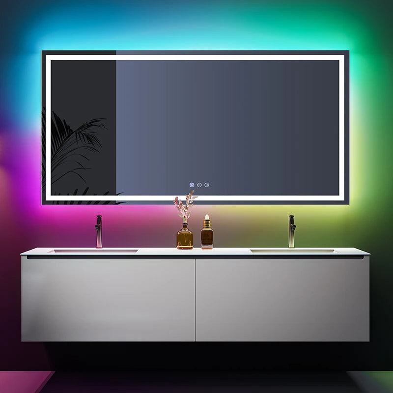مرآة حائط ذكية مستطيلة بإضاءة خلفية للحمام، مع خاصية تغيير الألوان بتقنية RGB LED وبلوتوث للموسيقى بدون إطار