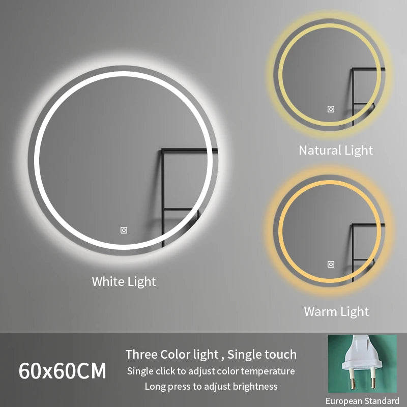 60cm Modern Illuminated Bathroom Mirror with Adjustable Color Temperature LED Light Smart Mirror Moisture Proof Wall Mounted