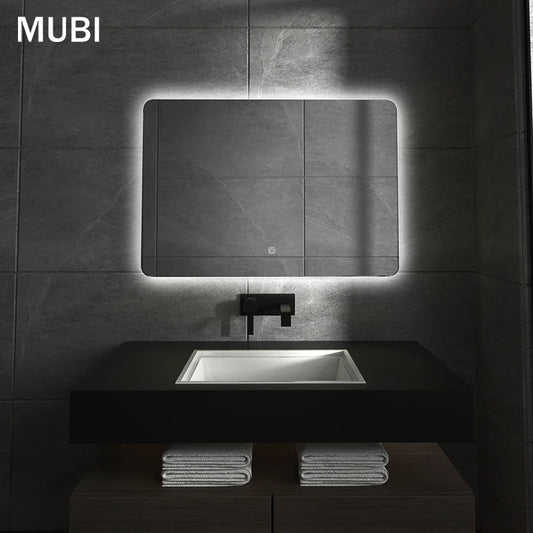 Long Press Adjust Brightness LED Rectangle Illuminated Modern Wall Mounted Bathroom Smart Mirror Hotel Mirror